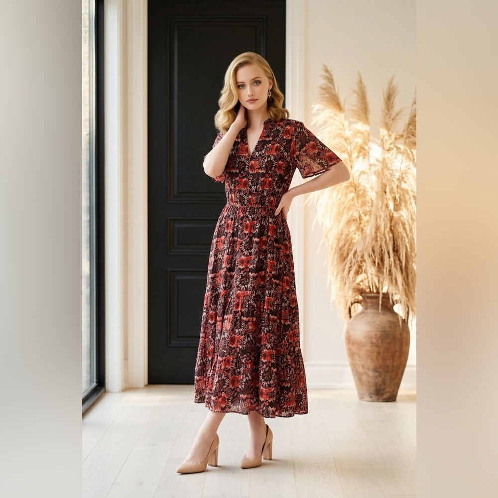 NWT Area Stars Floral Flutter Sleeve Tiered Maxi Dress